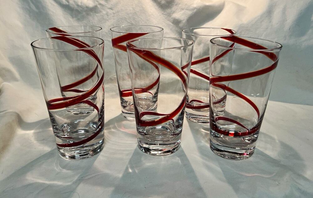 Vintage Pier 1 "Swirline" Red Swirl Tall Highball Tumbler Glasses - Set of 6